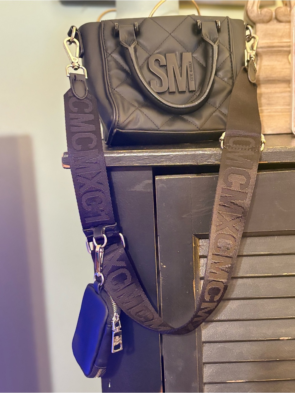 Steve Madden Black Quilted Leather Messenger with Branded Strap